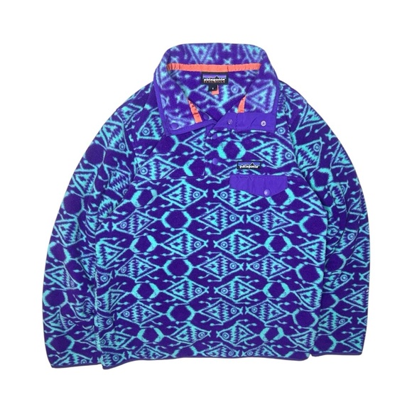 Patagonia Sweaters - Patagonia Synchilla Snap-T Fleece Pullover Vintage Aztec Fish Print Purple Teal